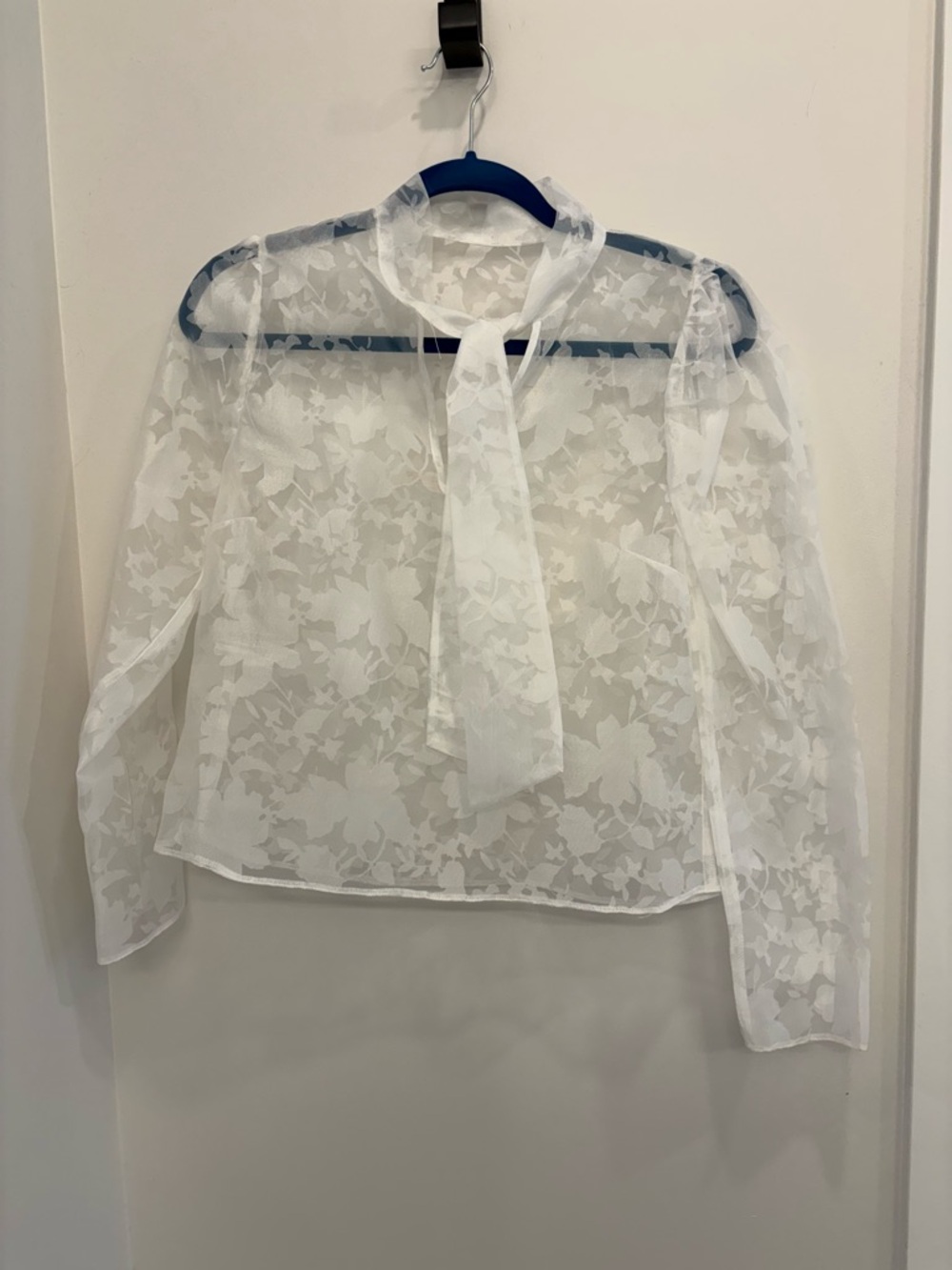 ASOS White Sheer Floral Tie-Neck Blouse